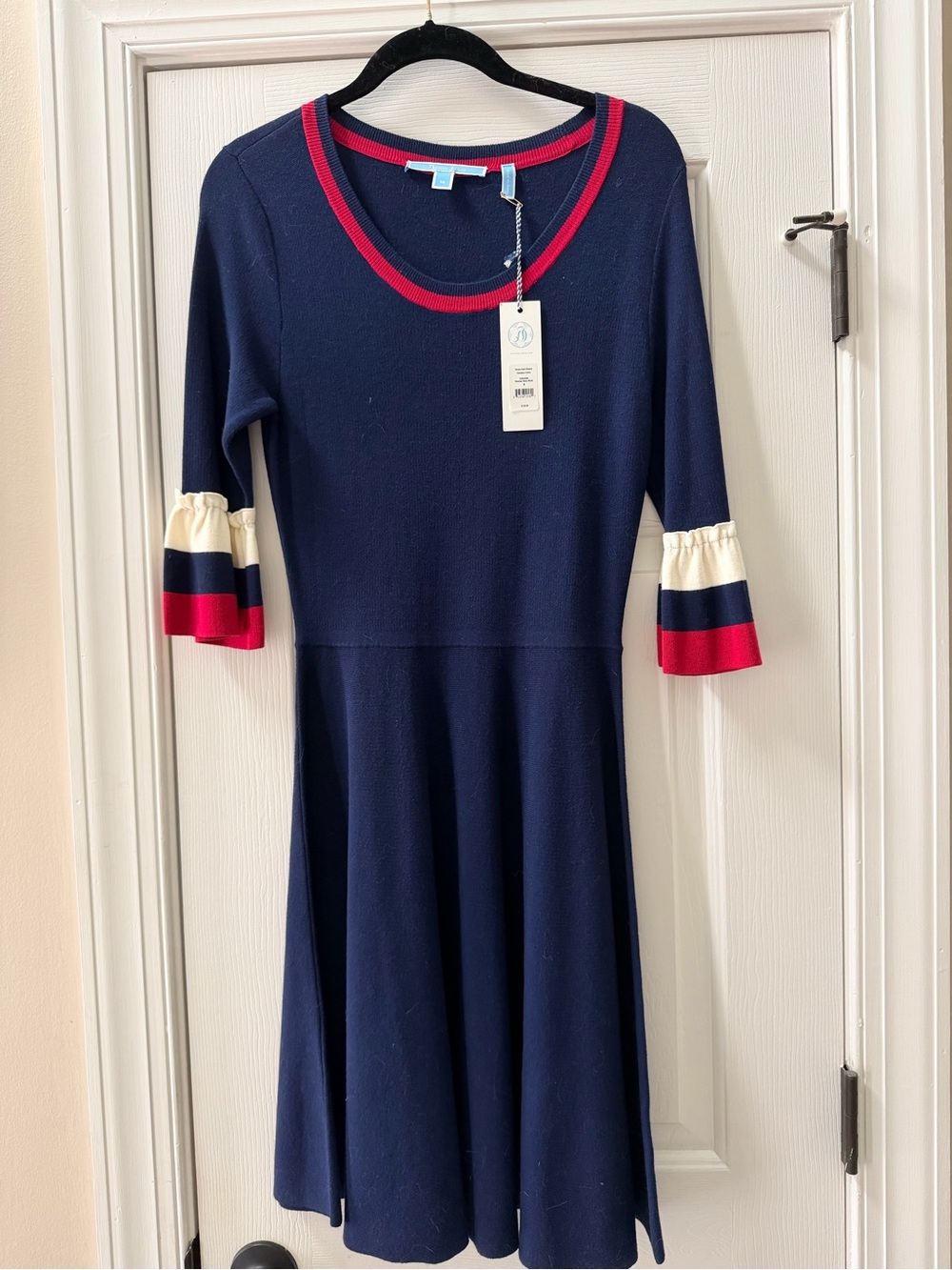 NWT Women M, Draper James Navy Dress with Red & Cream Trim